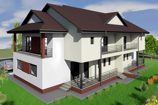 Constructie casa BCA duplex zidarie cu etaj 4 camere pe corp - fatada casa poza 3D 9