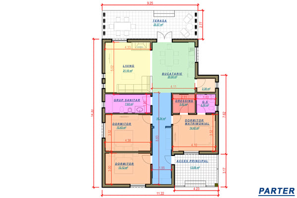 Constructie casa BCA parter 3 dormitoare 180 mp zidarie 045 - plan compartimentare parter