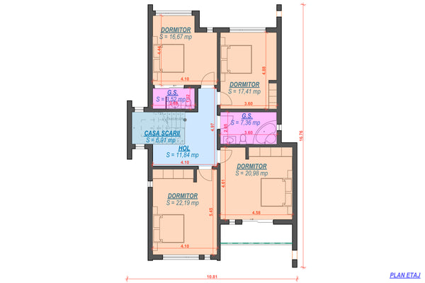 Constructie casa caramida cu etaj fara acoperis zidarie 055 - compartimentare etaj