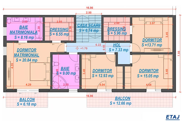 Constructie casa caramida etaj terase 8 camere zidarie 059 - plan etaj casa