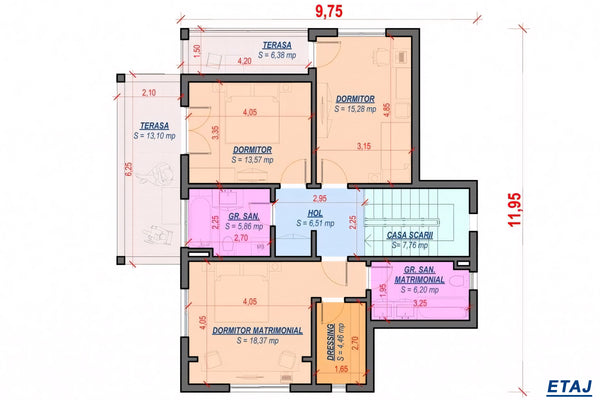 Constructie casa caramida zidarie cu etaj si terase 241-003 - aspect interior plan etaj 1