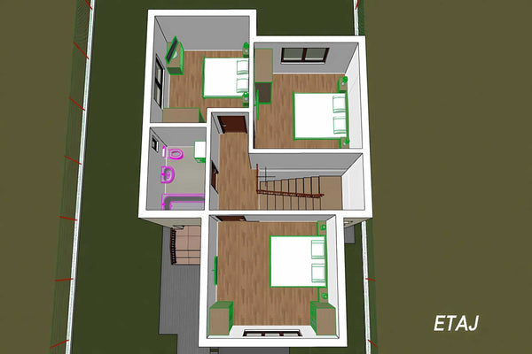 Constructie casa cu 2 nivele din caramida zidarie 130 mp -  schita 3d etaj