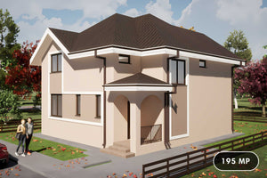 Constructie casa de caramida 200 mp cu etaj zidarie 195-118 - fatada principala casa imagine 1 thumbnail
