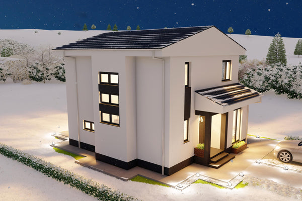 Constructie casa de zidarie 150 mp – detaliu fatada alba cu accente gri antracit