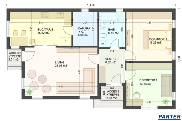 Constructie casa de zidarie bca parter cu 2 dormitoare id133 - proiect de casa compartimentare