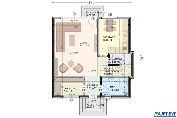 Constructie casa din BCA cu etaj si 3 dormitoare zidarie 100 -  impartire pe camere casa parter