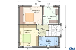 Constructie casa din BCA cu etaj si 3 dormitoare zidarie 100 -  impartire camere casa etaj thumbnail