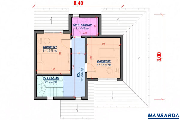 Constructie casa din BCA cu mansarda si 4 camere din zidarie -  plan etaj