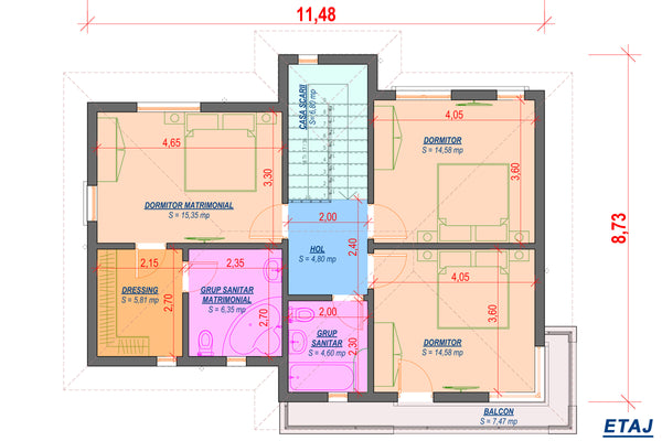 Constructie casa din zidarie cu etaj moderna cu etaj 080 - schita etaj