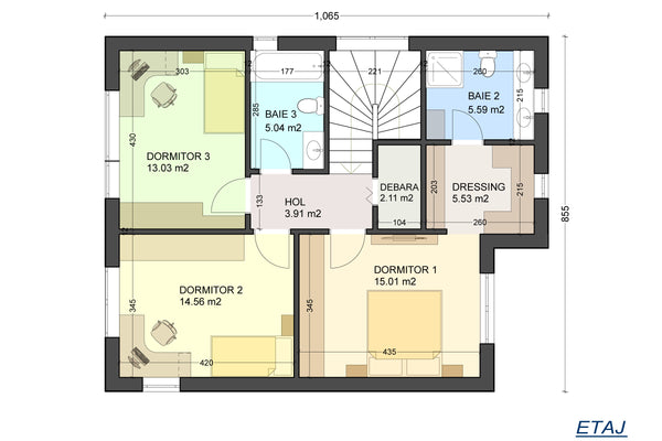 Constructie casa din zidarie de 190 mp pe 2 nivele 190-114 - plan impartire etaj