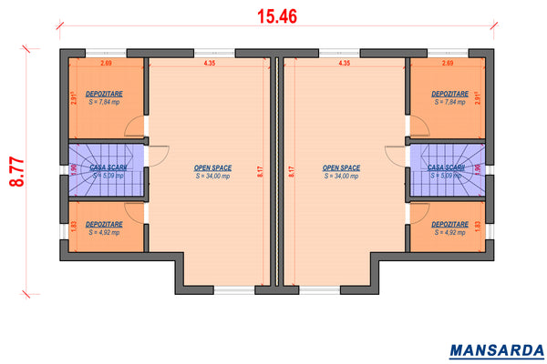 Constructie casa duplex zidarie cu etaj si mansarda 399-066 - schite mansarda