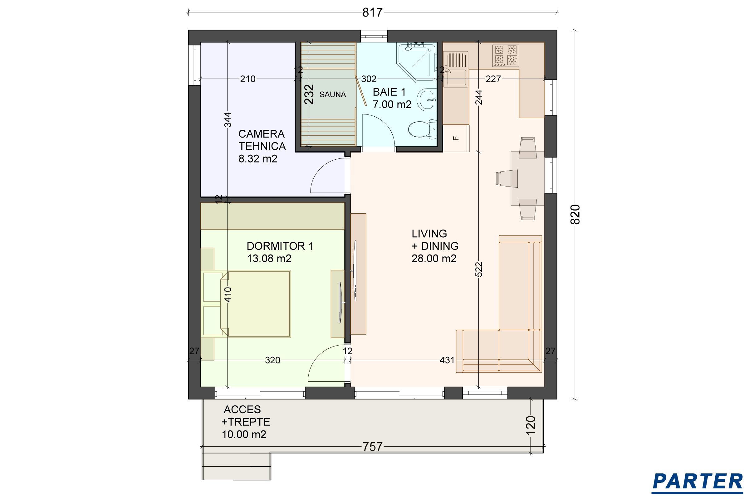 Constructie casa mediteraneana mica din zidarie bca 2 camere - compartimentare interioara