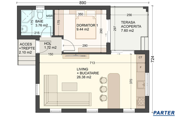 Constructie casa mica de zidarie din caramida 60mp 2 camere - schita interior casa compacta plan
