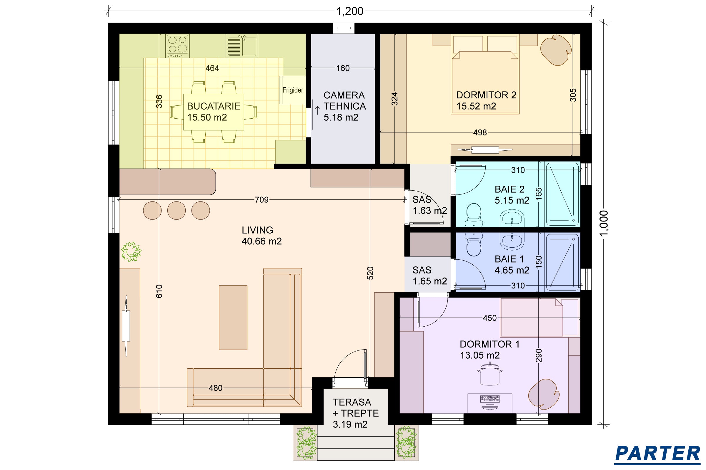 Constructie casa parter 120mp zidarie din bca cu 3 camere plan casa