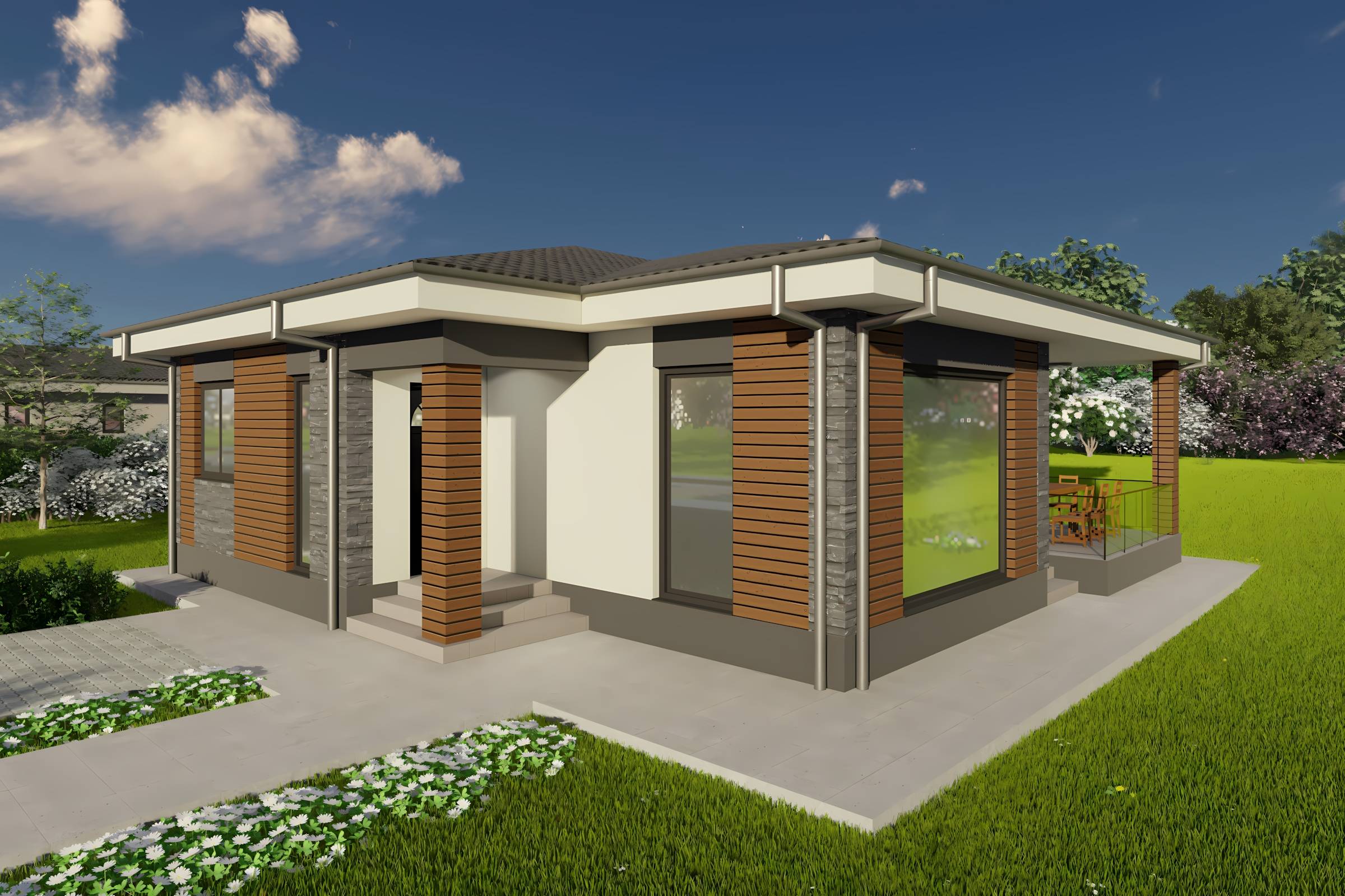 Constructie casa zidarie caramida moderna cu 3 camere 110 mp - casa cu placari decorative 03