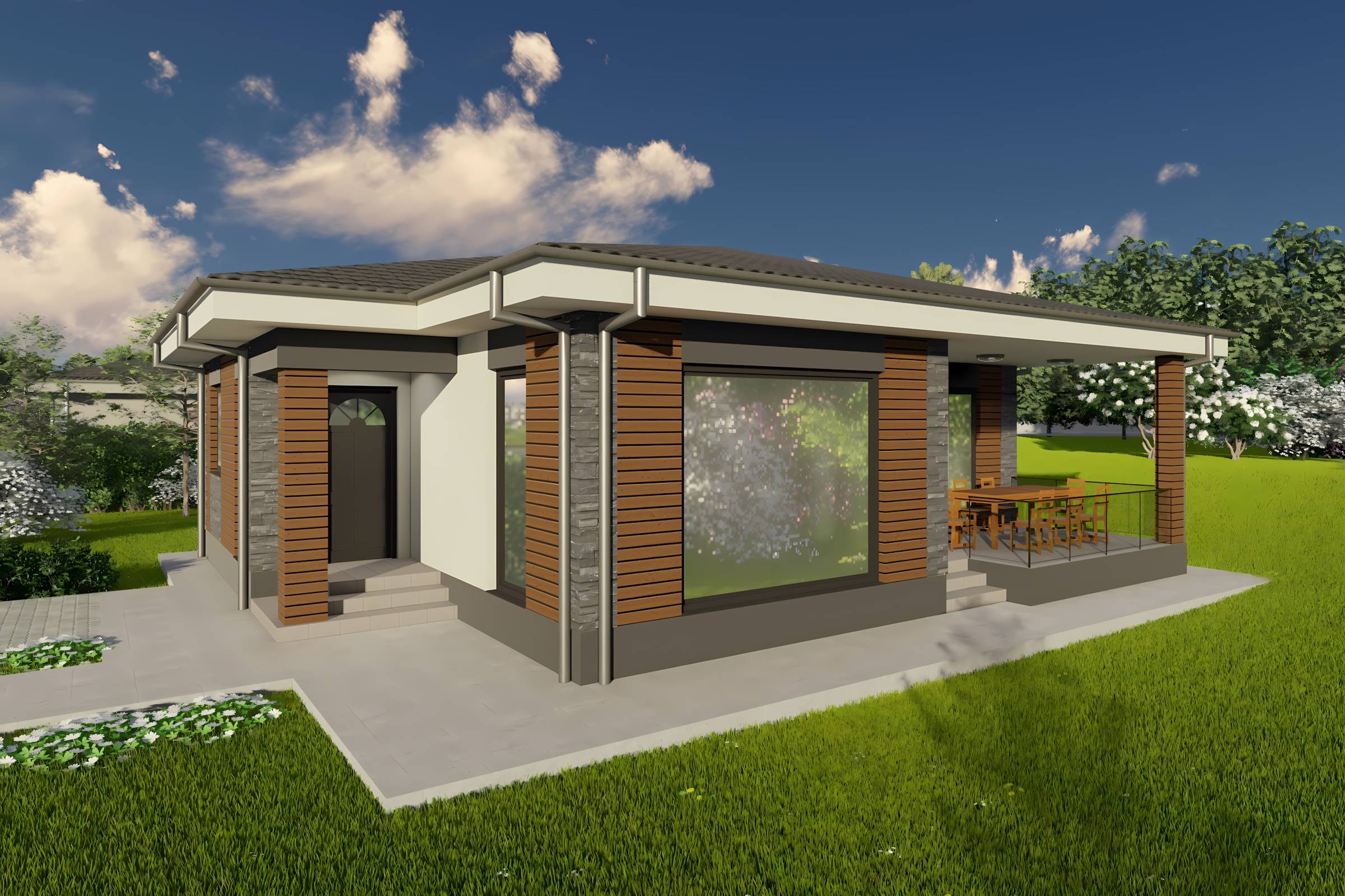 Constructie casa zidarie caramida moderna cu 3 camere 110 mp - casa cu placari decorative 04
