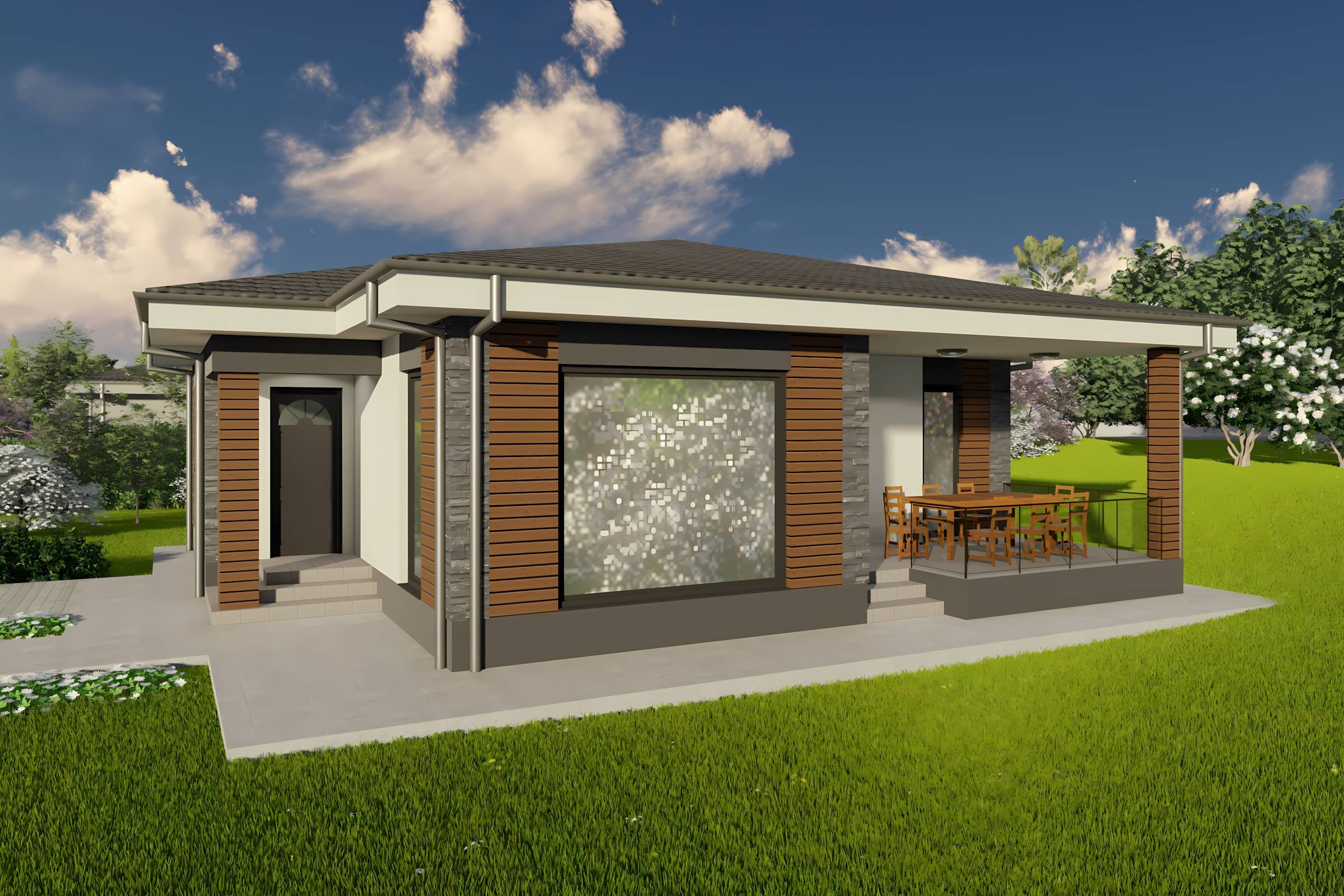 Constructie casa zidarie caramida moderna cu 3 camere 110 mp - casa cu placari decorative 05