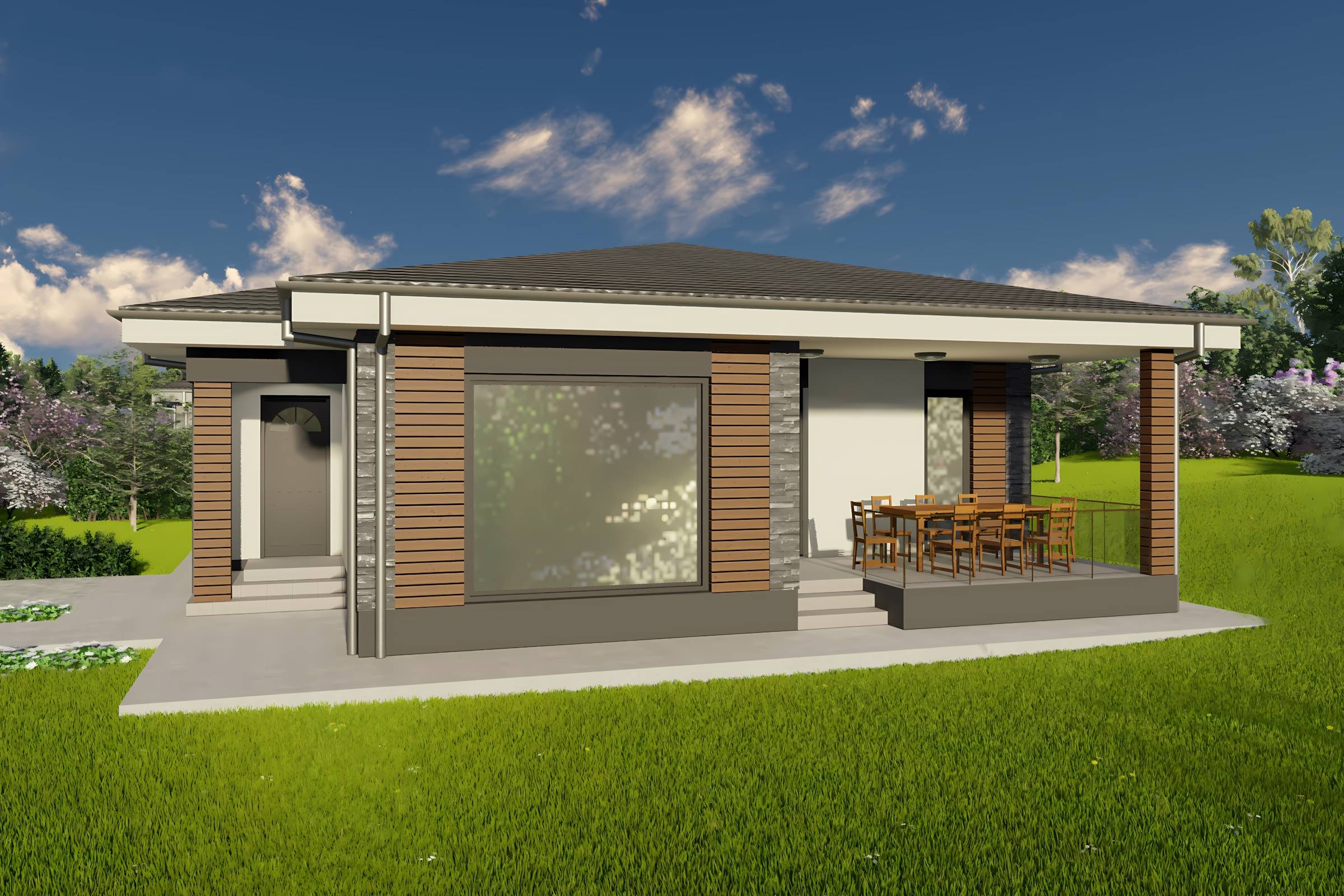 Constructie casa zidarie caramida moderna cu 3 camere 110 mp - casa cu placari decorative 06