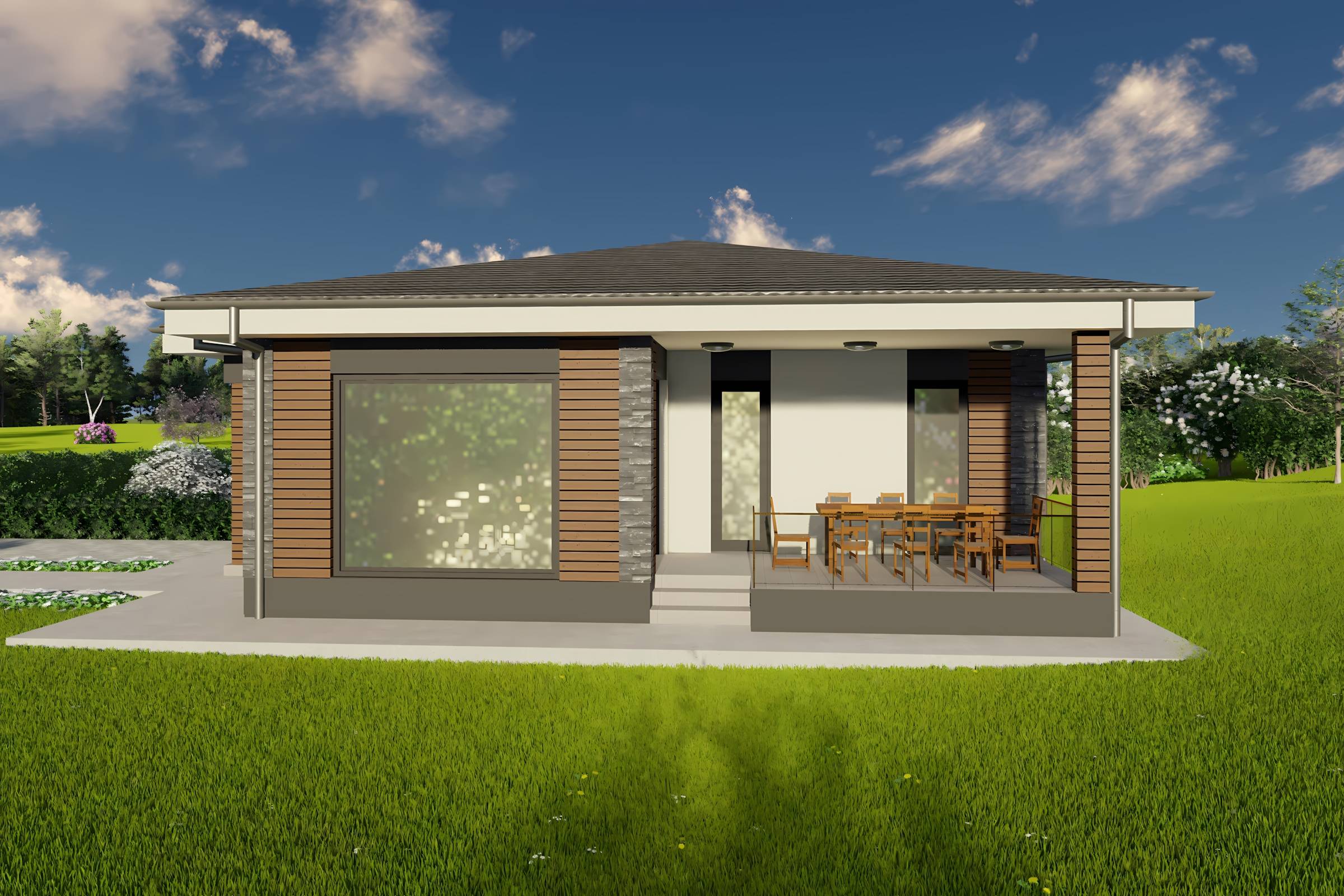 Constructie casa zidarie caramida moderna cu 3 camere 110 mp - casa cu placari decorative 08