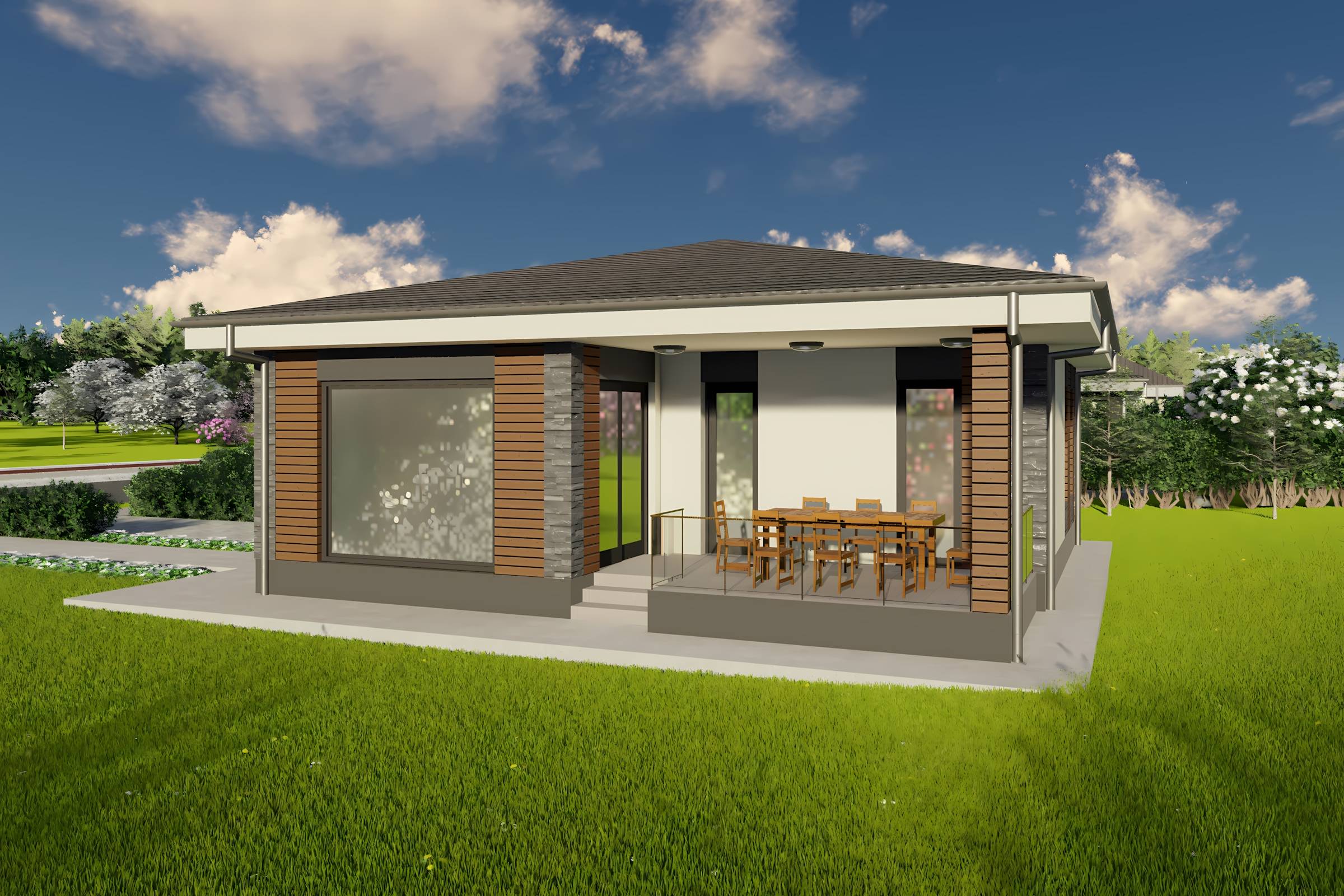 Constructie casa zidarie caramida moderna cu 3 camere 110 mp - casa cu placari decorative 09