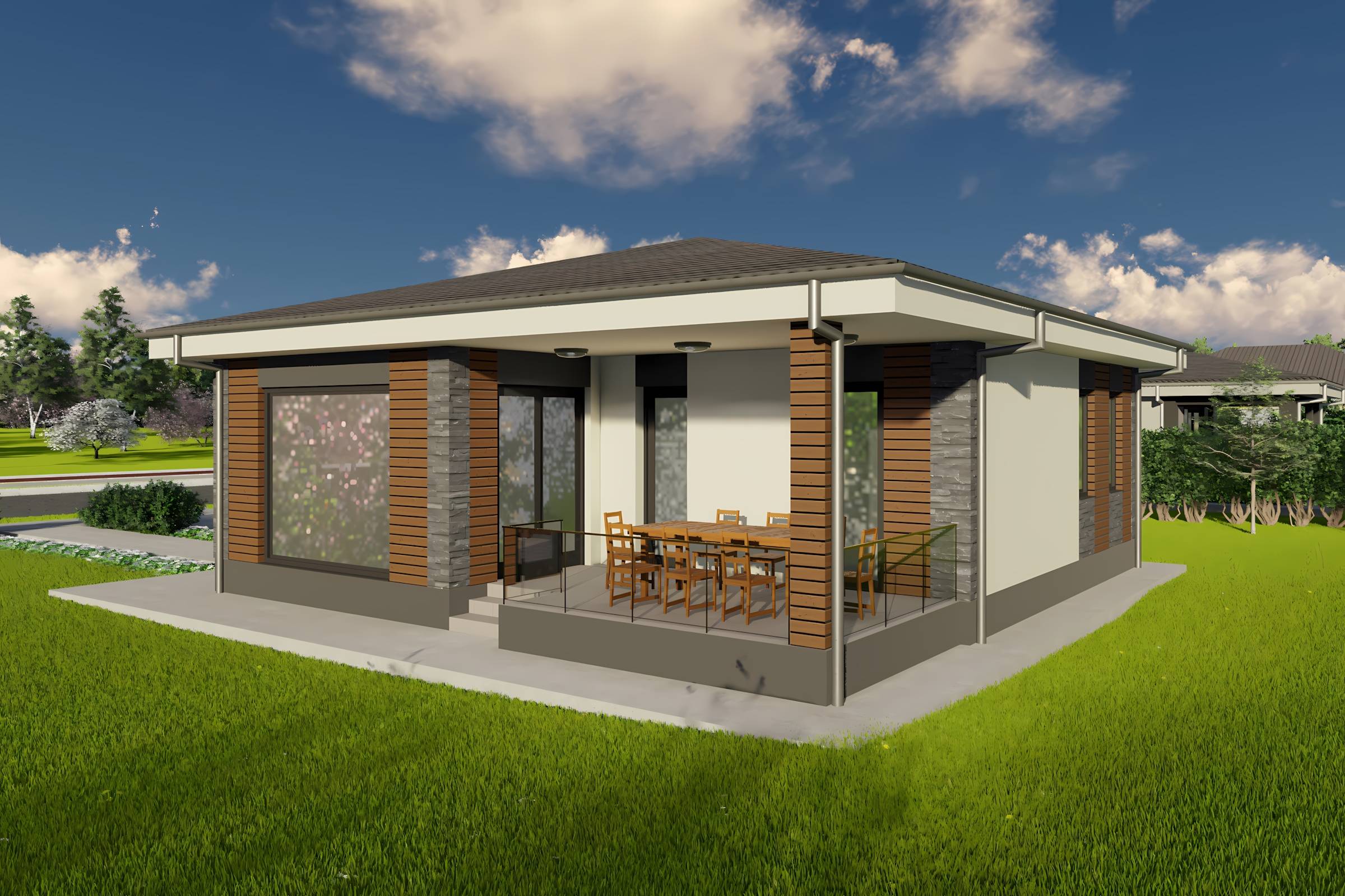 Constructie casa zidarie caramida moderna cu 3 camere 110 mp - casa cu placari decorative 10