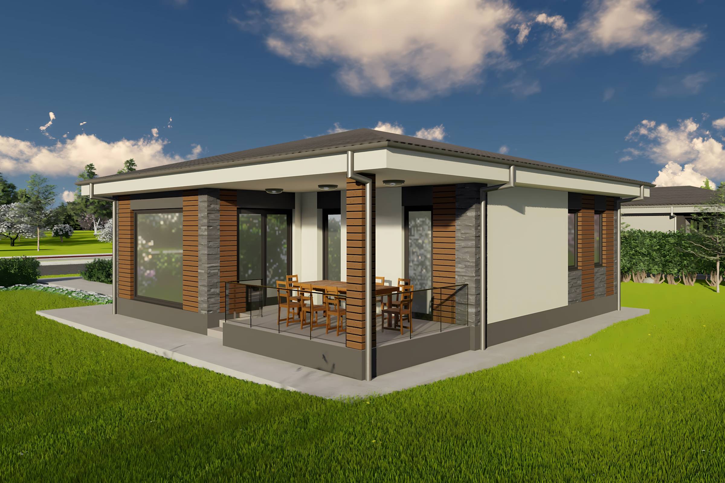 Constructie casa zidarie caramida moderna cu 3 camere 110 mp - casa cu placari decorative 11