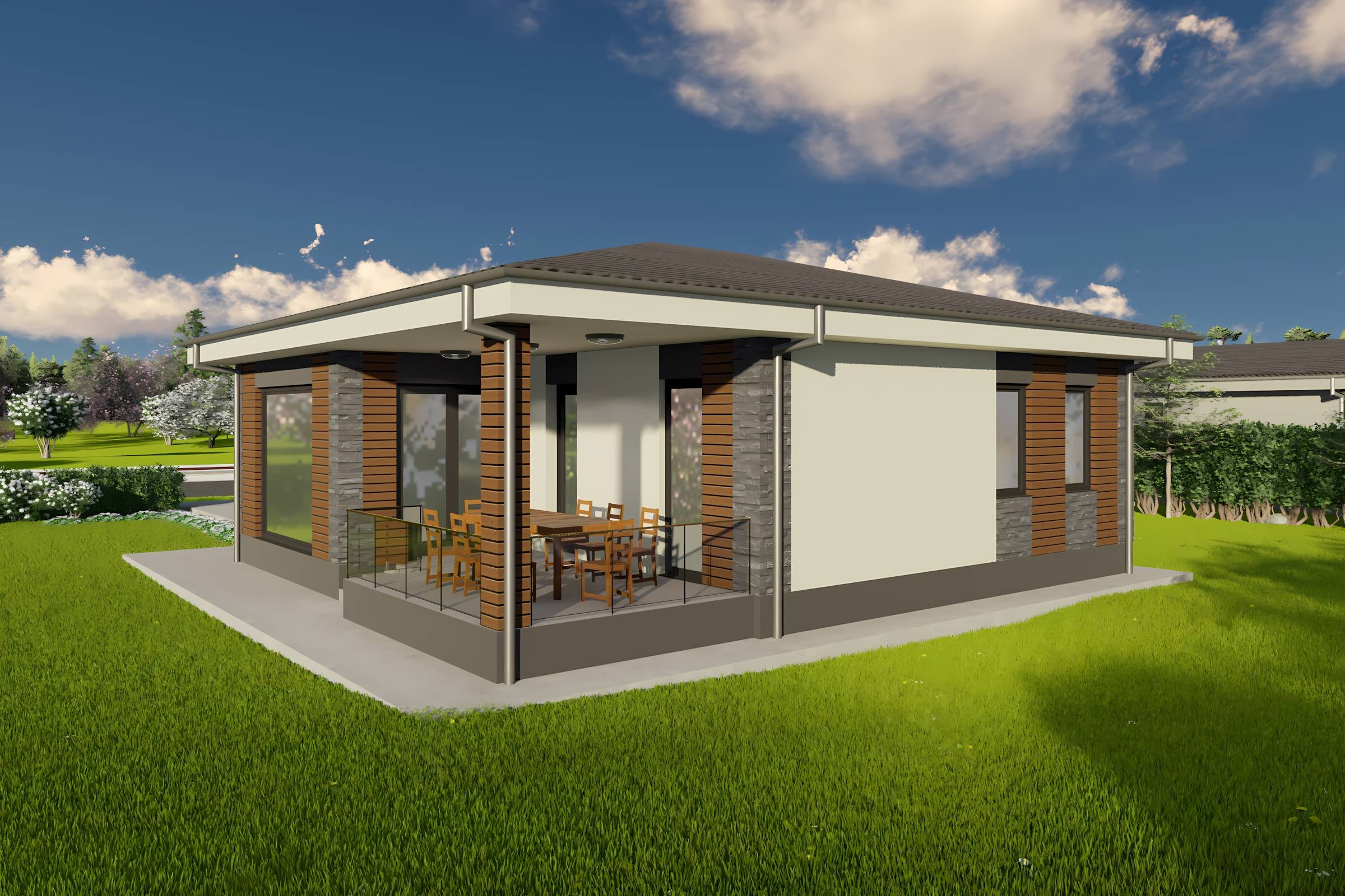 Constructie casa zidarie caramida moderna cu 3 camere 110 mp - casa cu placari decorative 12