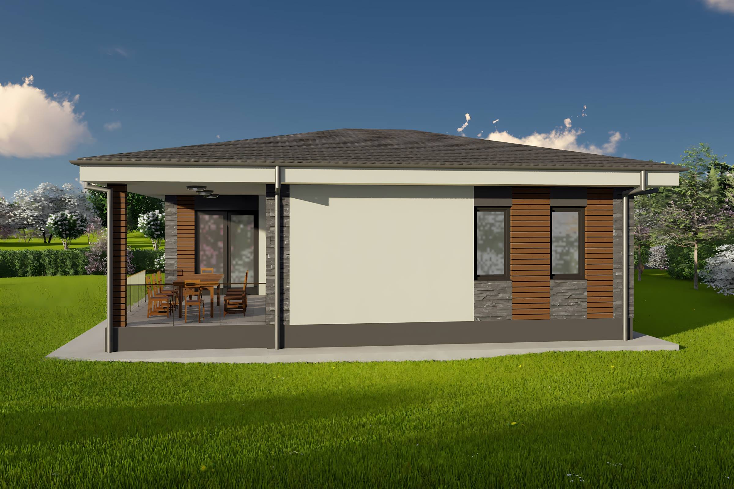 Constructie casa zidarie caramida moderna cu 3 camere 110 mp - casa cu placari decorative 14
