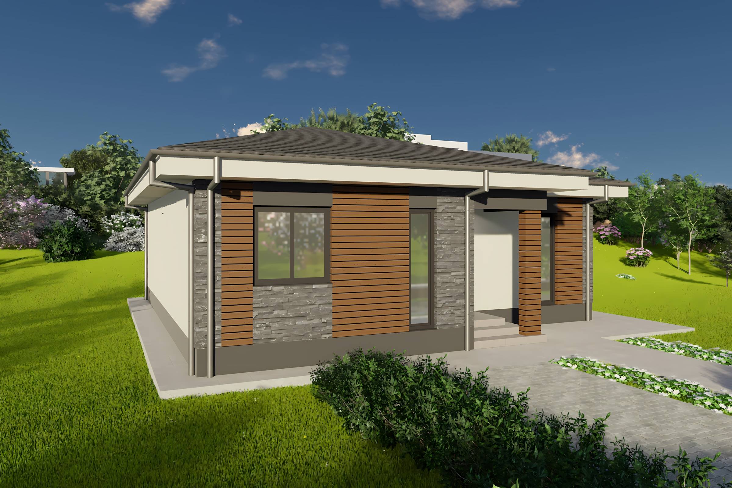 Constructie casa zidarie caramida moderna cu 3 camere 110 mp - casa cu placari decorative 21