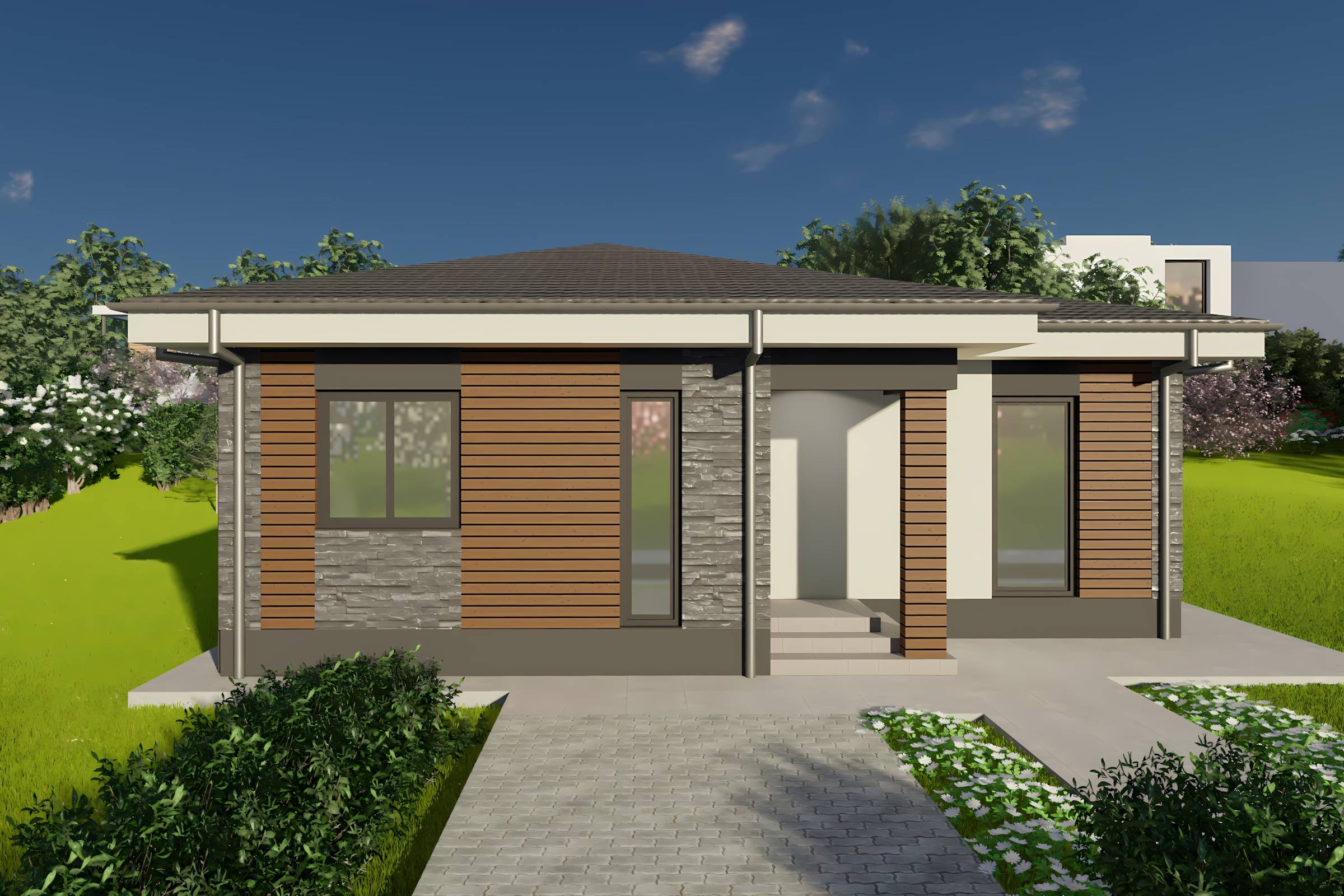 Constructie casa zidarie caramida moderna cu 3 camere 110 mp - casa cu placari decorative 22