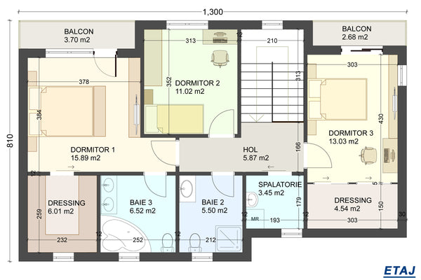 Constructie casa zidarie din caramida cu 5 camere si 4 bai - compartimentare casa la etaj