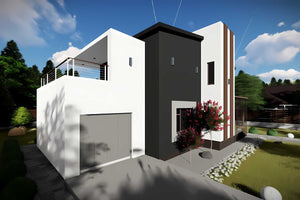 Constructie casa zidarie moderna pe 2 nivele 4 camere garaj - vedere 3D exterior casa cu piscina poza 6 thumbnail