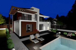 Constructie casa zidarie moderna pe 2 nivele 4 camere garaj - vedere 3D exterior casa cu piscina poza 12 thumbnail