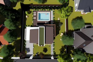 Constructie casa zidarie moderna pe 2 nivele 4 camere garaj - vedere 3D acoperis casa cu piscina poza 13 thumbnail