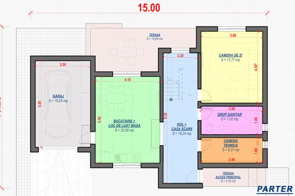 Constructie casa zidarie moderna pe 2 nivele 4 camere garaj - plan partitionare parter