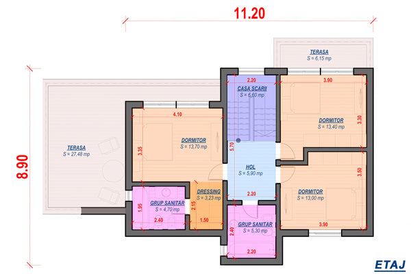 Constructie casa zidarie moderna pe 2 nivele 4 camere garaj - plan partitionare etaj