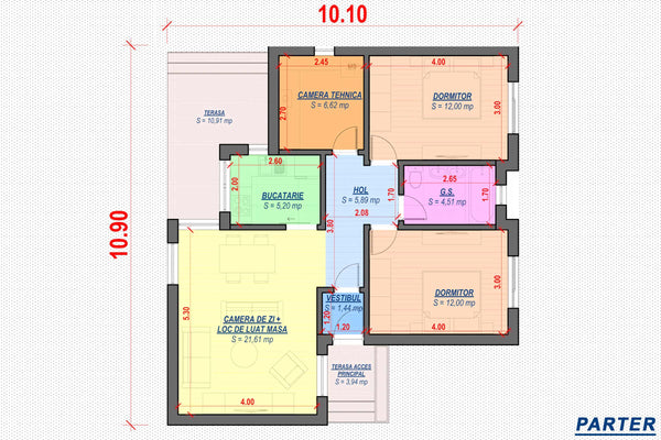 Constructie casa zidarie parter caramida 100 mp 100-078 - plan casa parter