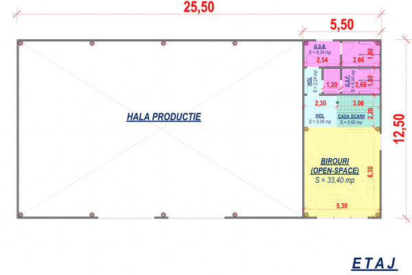 Constructie de hala metalica industriala proiect 387-002 - plan etaj