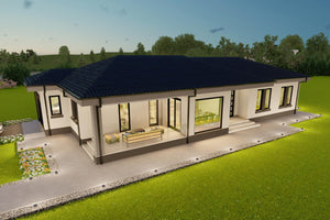 Constructie eficienta pe structura metalica casa parter cu 3 dormitoare randare 3d seara thumbnail
