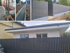 Constructie gard din beton cu sipci metalice gri antracit porti si alee pietonala thumbnail