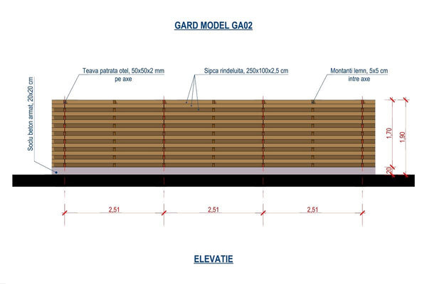 Constructie Gard din Lemn Rindeluit cu Stalpi Metalici GA02 - proiect gard