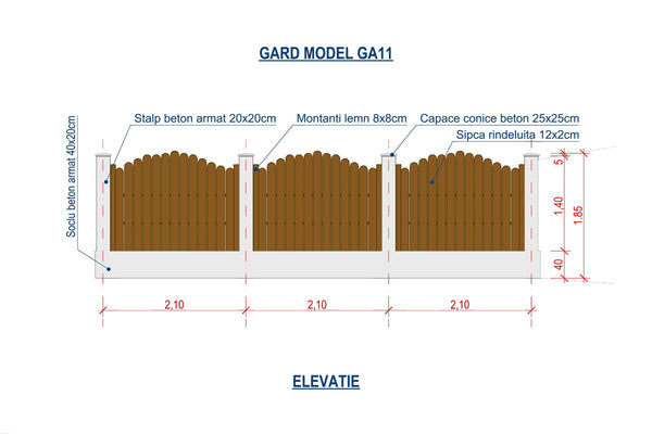 Constructie Gard din Lemn Vertical cu Stalpi de Beton GA11 - proiect de gard