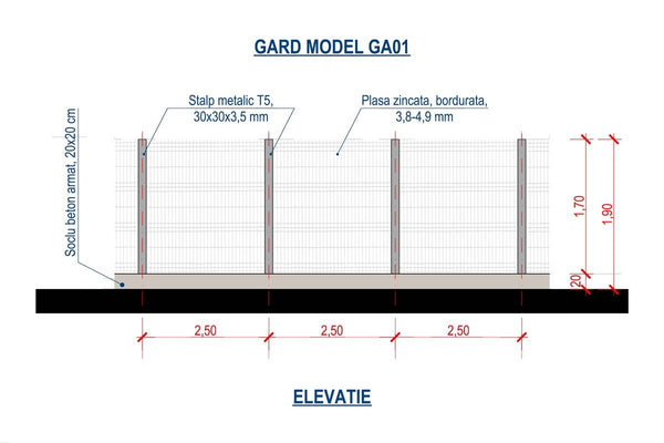 Constructie Gard Metalic din Plasa Bordurata model GA01 - proiect gard