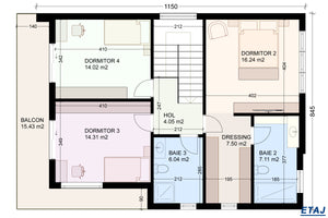 Constructie proiect casa cu geamuri mari din zidarie 200 mp - plan schita etaj thumbnail