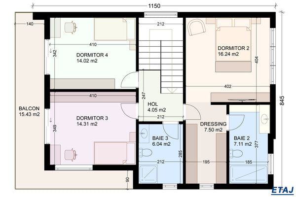 Constructie proiect casa cu geamuri mari din zidarie 200 mp - plan schita etaj