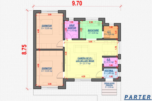 Constructie zidarie casa caramida 70 mp cu 3 camere 076-072 - impartire parter