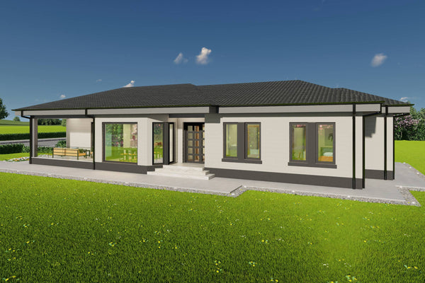 Design exterior high-end proiect casa parter cu 3 dormitoare si garaj