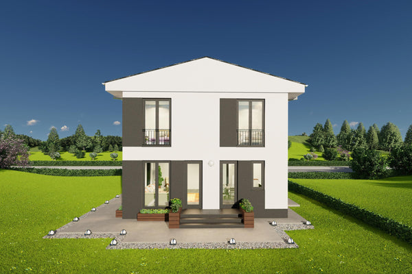 Detaliu accente gri antracit pe fatada din spate a casei metalice