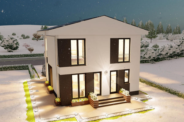 Fatada posterioara moderna proiect casa 150 mp cu ferestre mari de la pardoseala la tavan