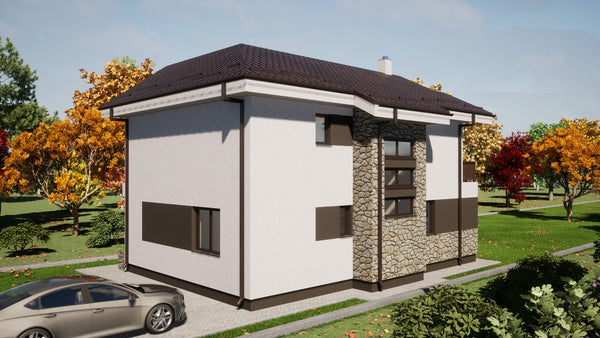 fatada posterioara randare 3d proiect casa cu etaj din profile metalice tip C de otel